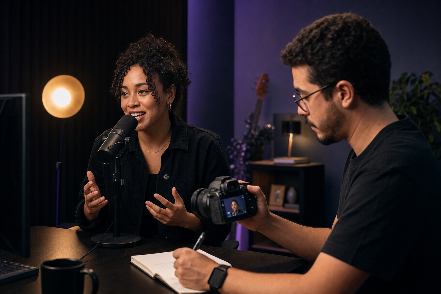 Criadores gravando e revisando um podcast