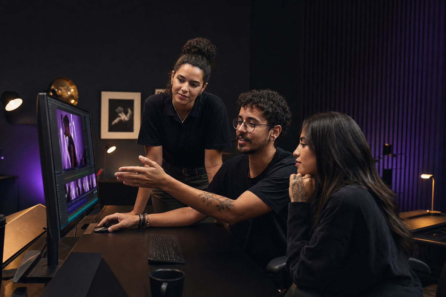Equipe de marketing revisando uma edição de vídeo