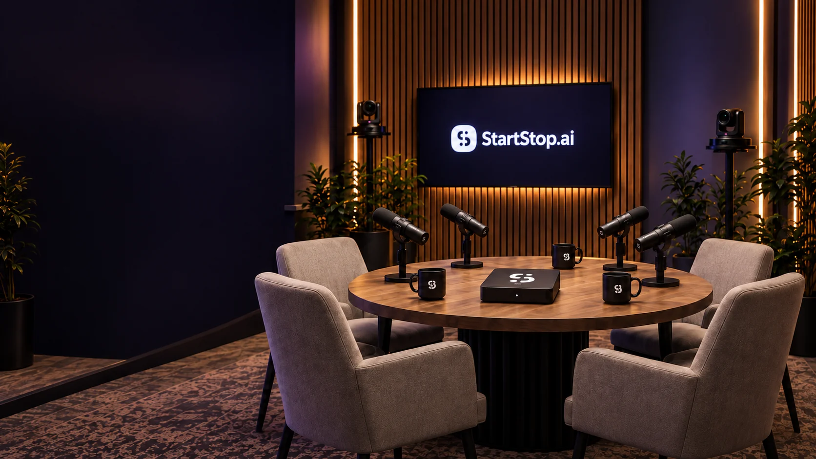 Estúdio StartStop com quatro posições, microfones e HUB sobre a mesa.