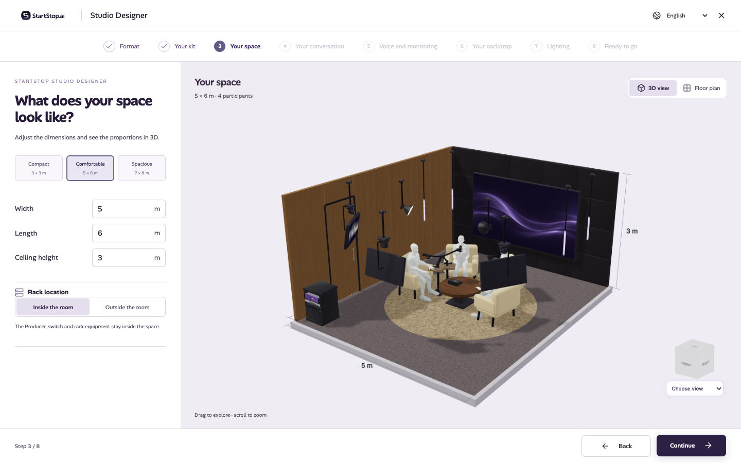 O Podcast Designer real com as dimensões e o layout 3D de um estúdio para quatro pessoas.
