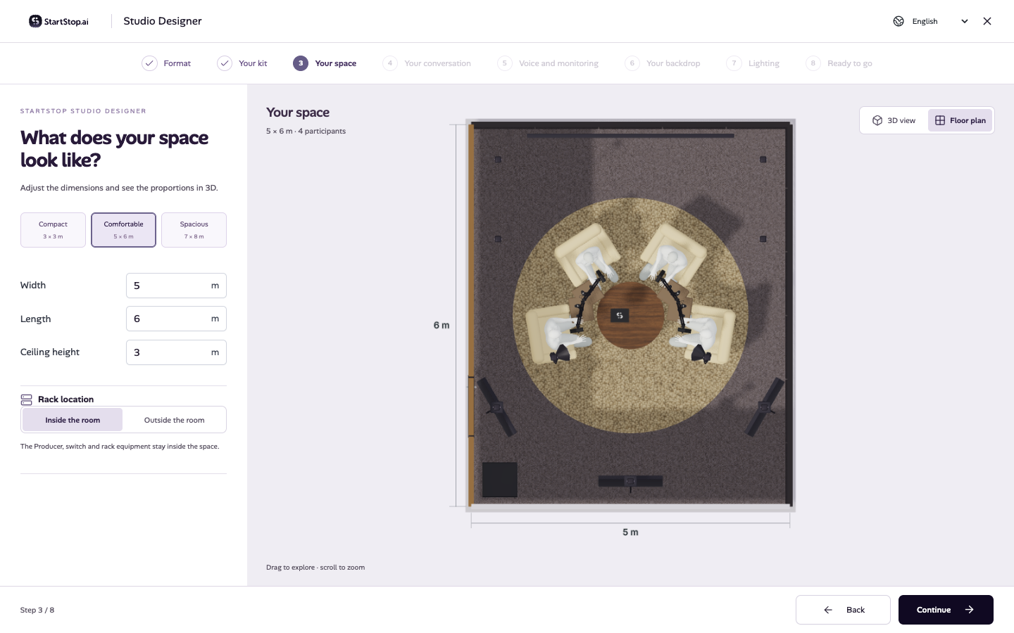 O Podcast Designer real mostrando uma planta com dimensões e posições dos equipamentos.
